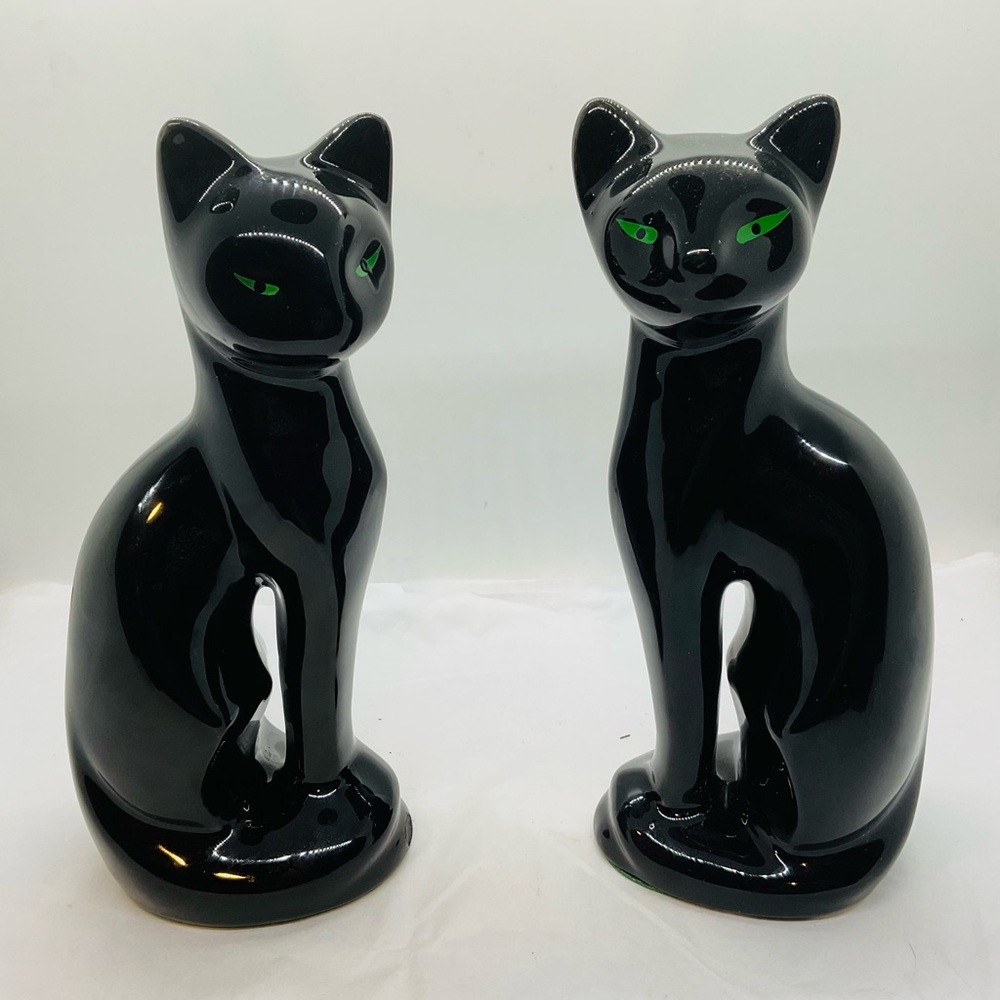 MCM Artmark Fine Ceramic Statue Midnight Shadows Black Cat Green Eyes 8” 2 piece